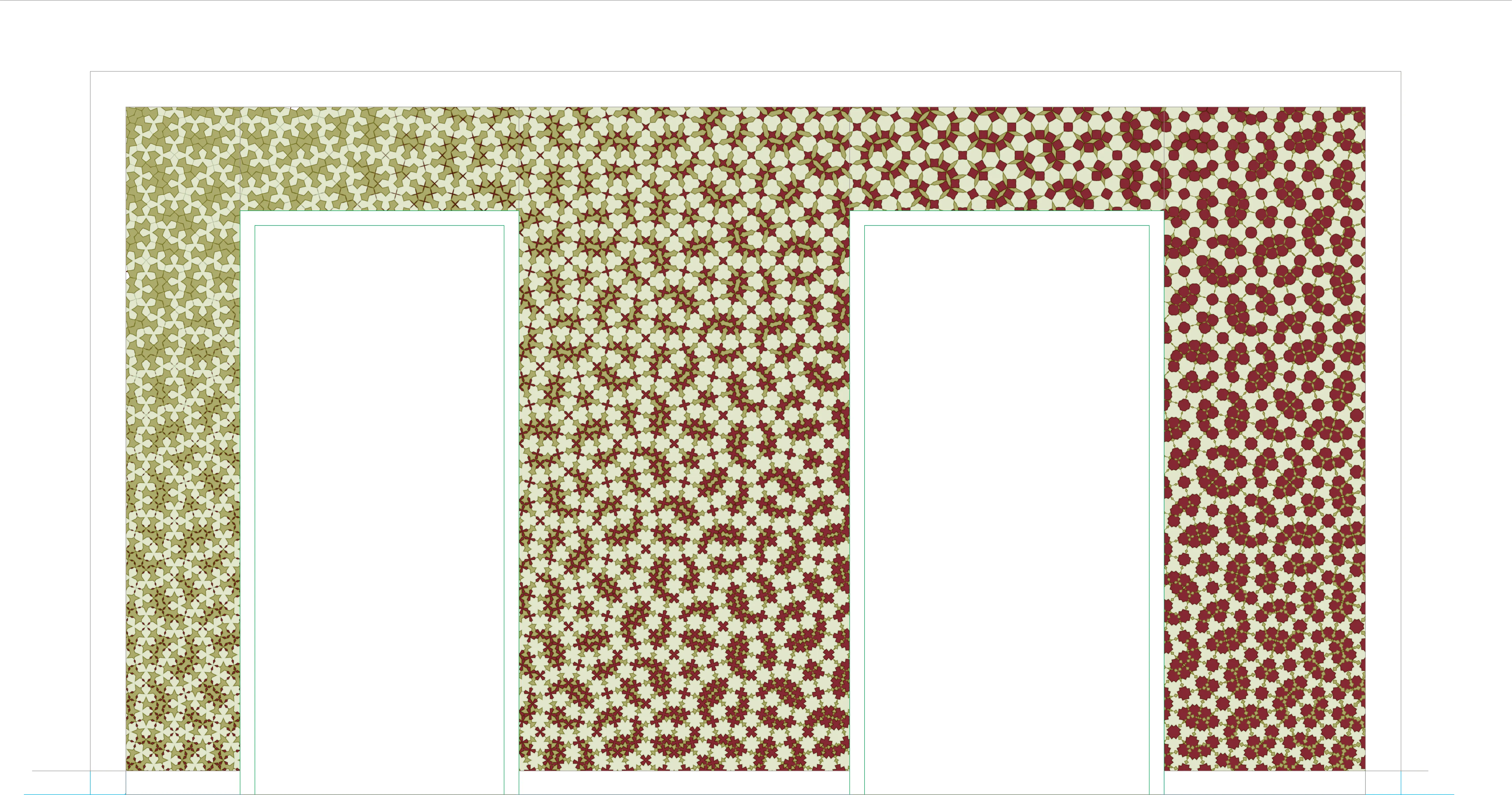 Design rendering of the 12-fold elevator surround with a deforming 8-fold tiling in green and red