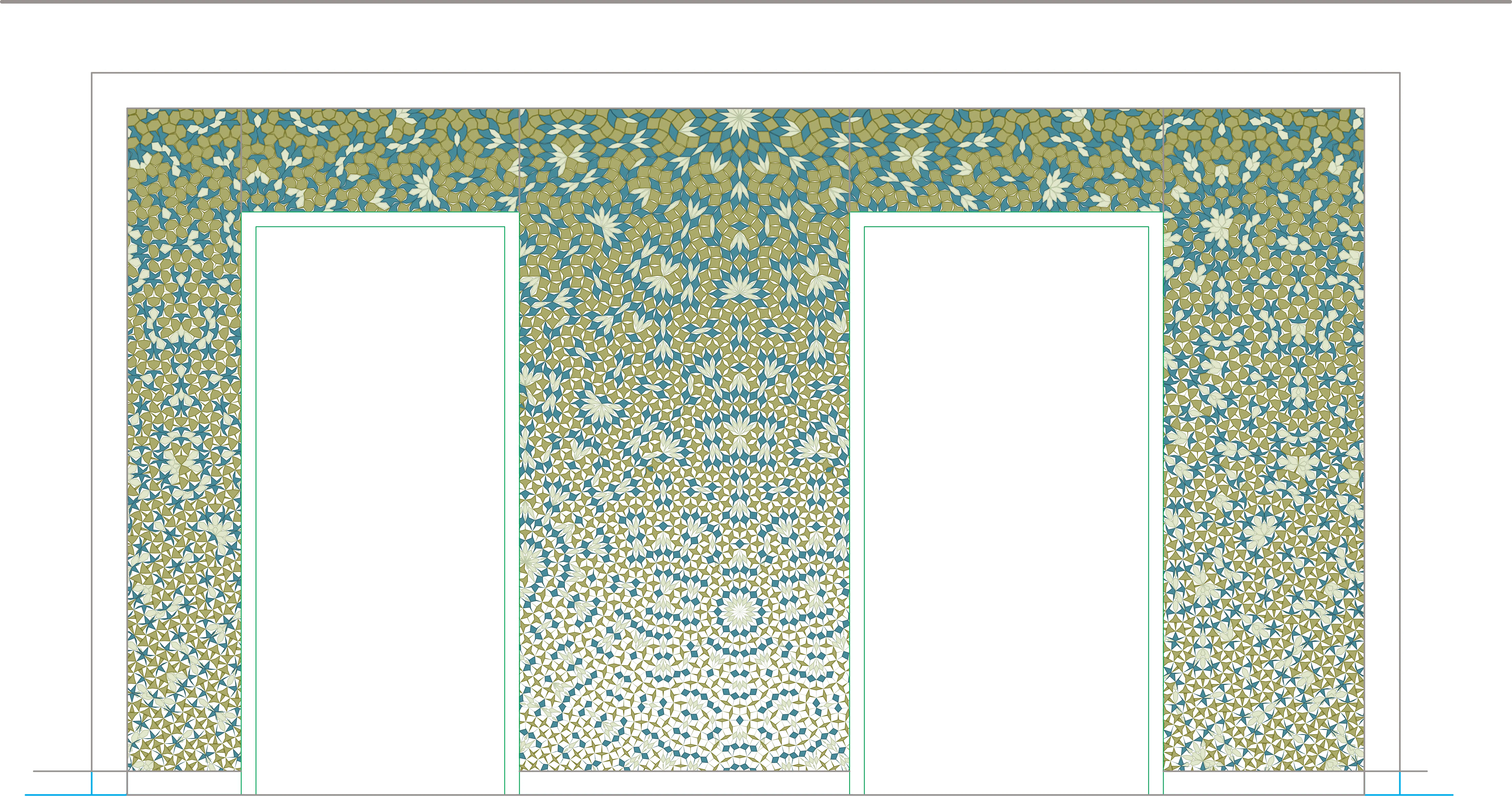Design rendering of the 14-fold elevator surround with a deforming tiling in green and blue