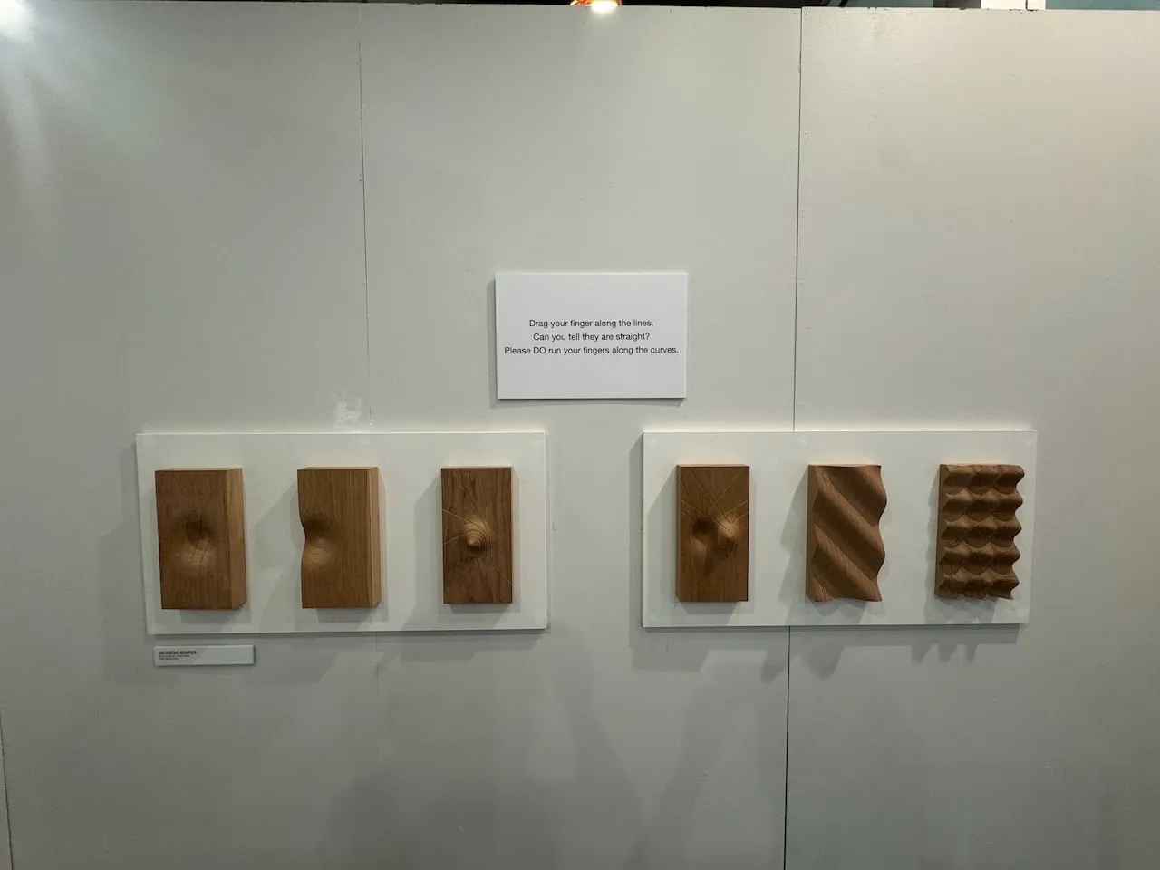 Six Geodesic Boards mounted on the gallery wall in two groups of three, with the invitation card "Please DO run your fingers along the curves"