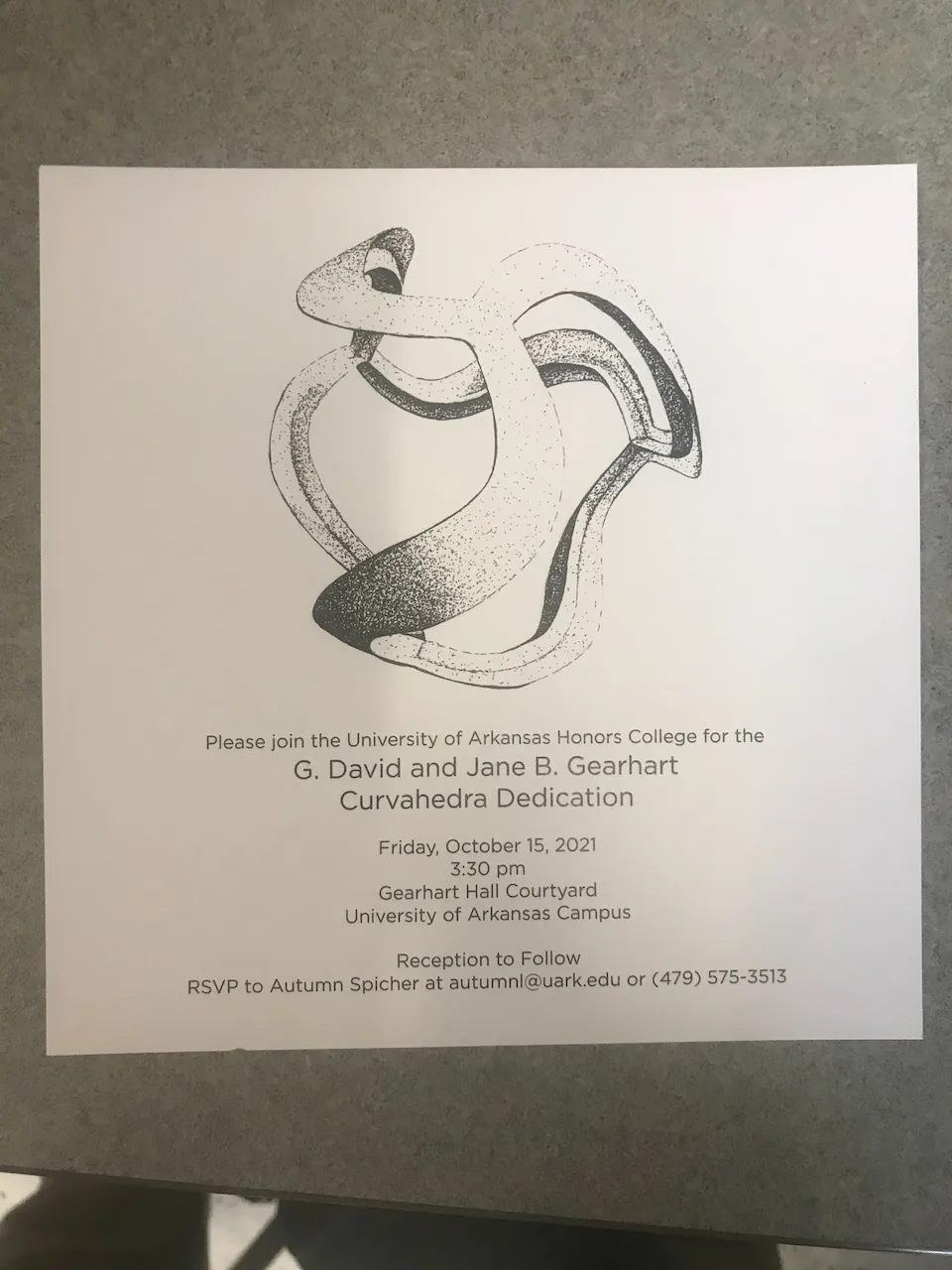 Invitation card for the G. David and Jane B. Gearhart Curvahedra Dedication, Friday 15 October 2021, Gearhart Hall Courtyard, University of Arkansas