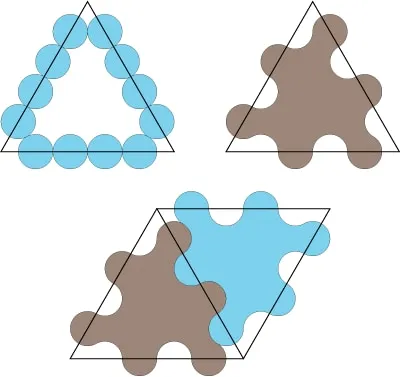 Diagram: connector disc positions (top left), piece shape (top right), two pieces interlocked (bottom)