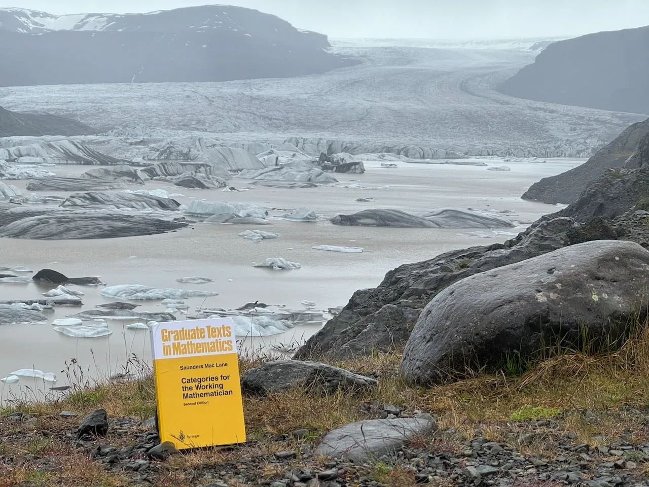 The book standing in low grass above the milky meltwater lagoon of Hoffellsjökull, the snout of the glacier filling the valley behind