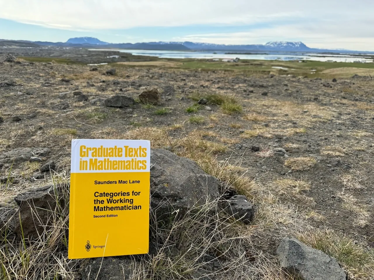The book resting on a rock among low tundra plants, a broad lake and distant snow-dusted mountains of the Mývatn region behind