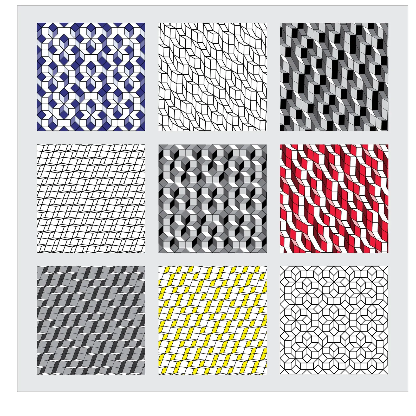 Nine digital prints of projection tilings arranged in a 3×3 grid